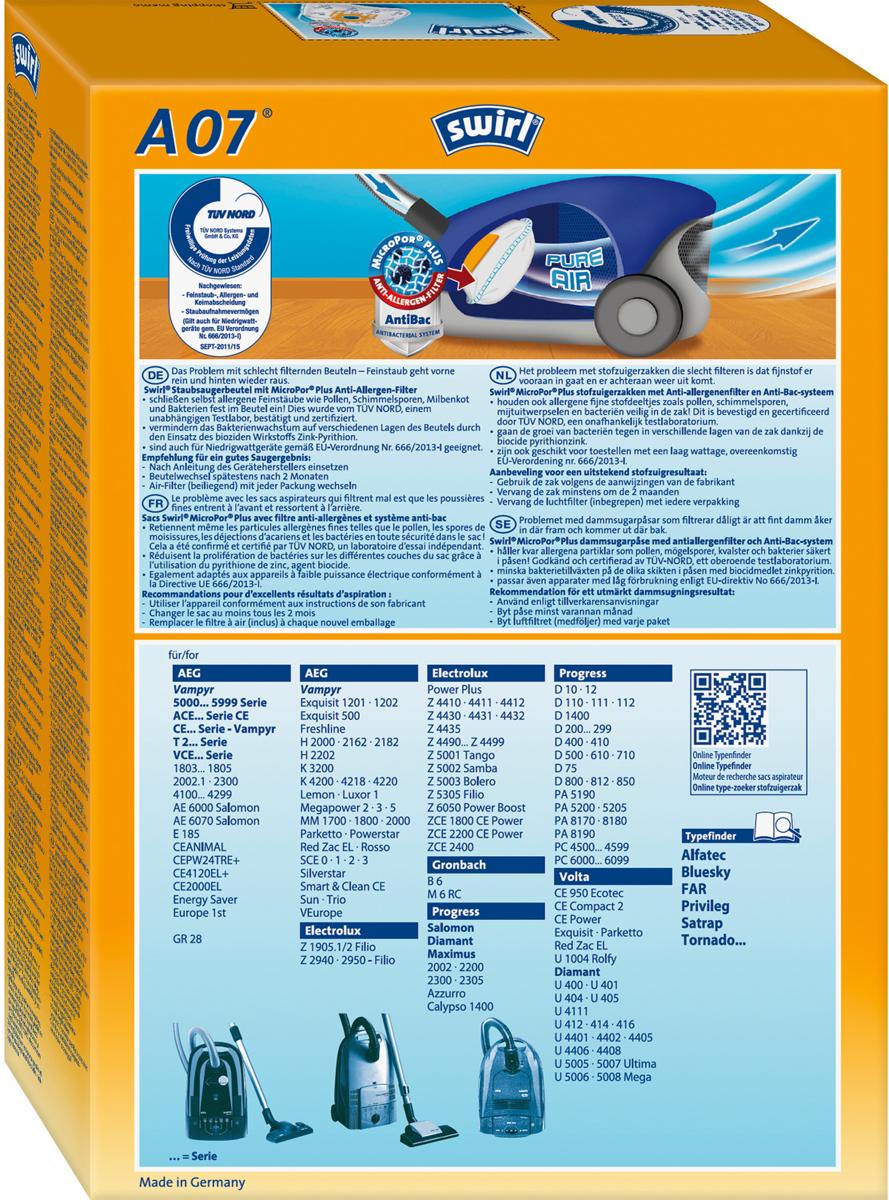 SWIRL 8 Staubsaugerbeutel A 07 Original MicroPor® PLUS Pure Air AEG Volta A07